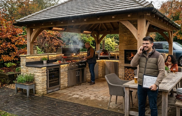 Outdoor kitchen with BBQ and pizza oven under wooden gazebo, people enjoying drinks and conversation in autumn garden setting