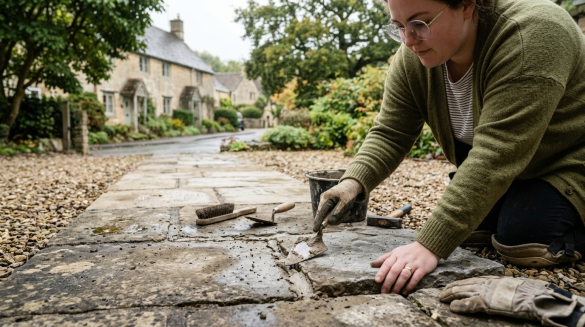 Person repairing stone pathway